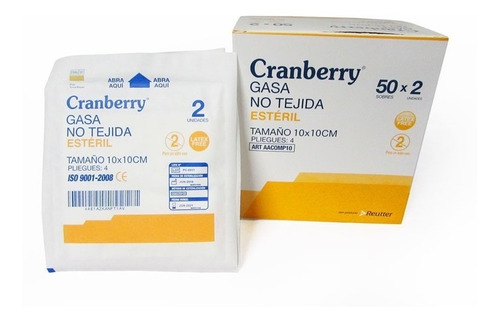 CRANBERRY CAJA GASA NO TEJIDA ESTERIL10X10 50 SOBRES X 2 UN