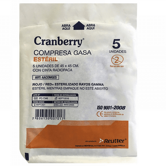 CRANBERRY COMPRESA DE GASA CON CINTA RADIOPACA 45x45 5 UN ESTERIL