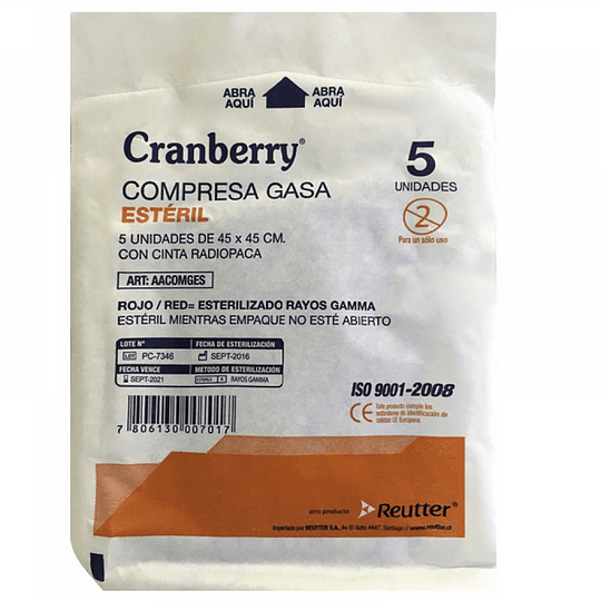 Cranberry Compresa de Gasa con Cinta Radiopaca 45x45 cm  | Pack 5 Unidades