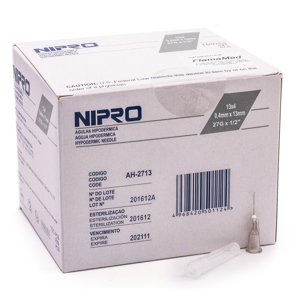 NIPRO AGUJA HIPODERMICA 27G x 1/2 CAJA 100UN